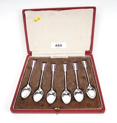 Lot 455 - A set of six Art Deco silver and enamel teaspoons