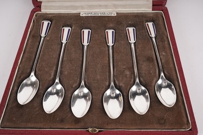 Lot 455 - A set of six Art Deco silver and enamel teaspoons