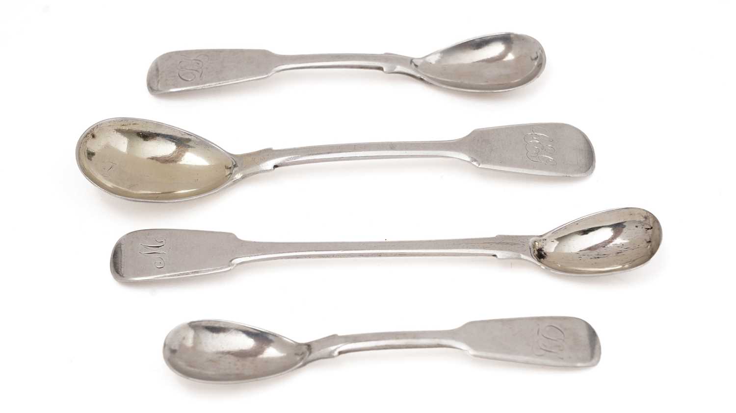 Lot 144 - Four Scottish provincial silver Fiddle pattern condiment spoons