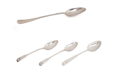 Lot 325 - A dessert spoon; a pair of Fiddle pattern dessert spoons; and a Scottish provincial masking spoon