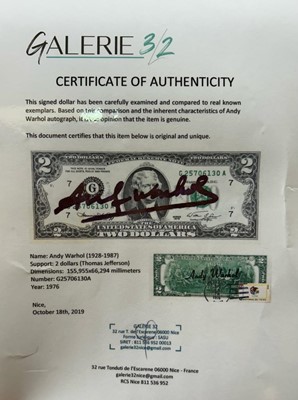 Lot 153 - Andy Warhol - Signed Two Dollar Bill