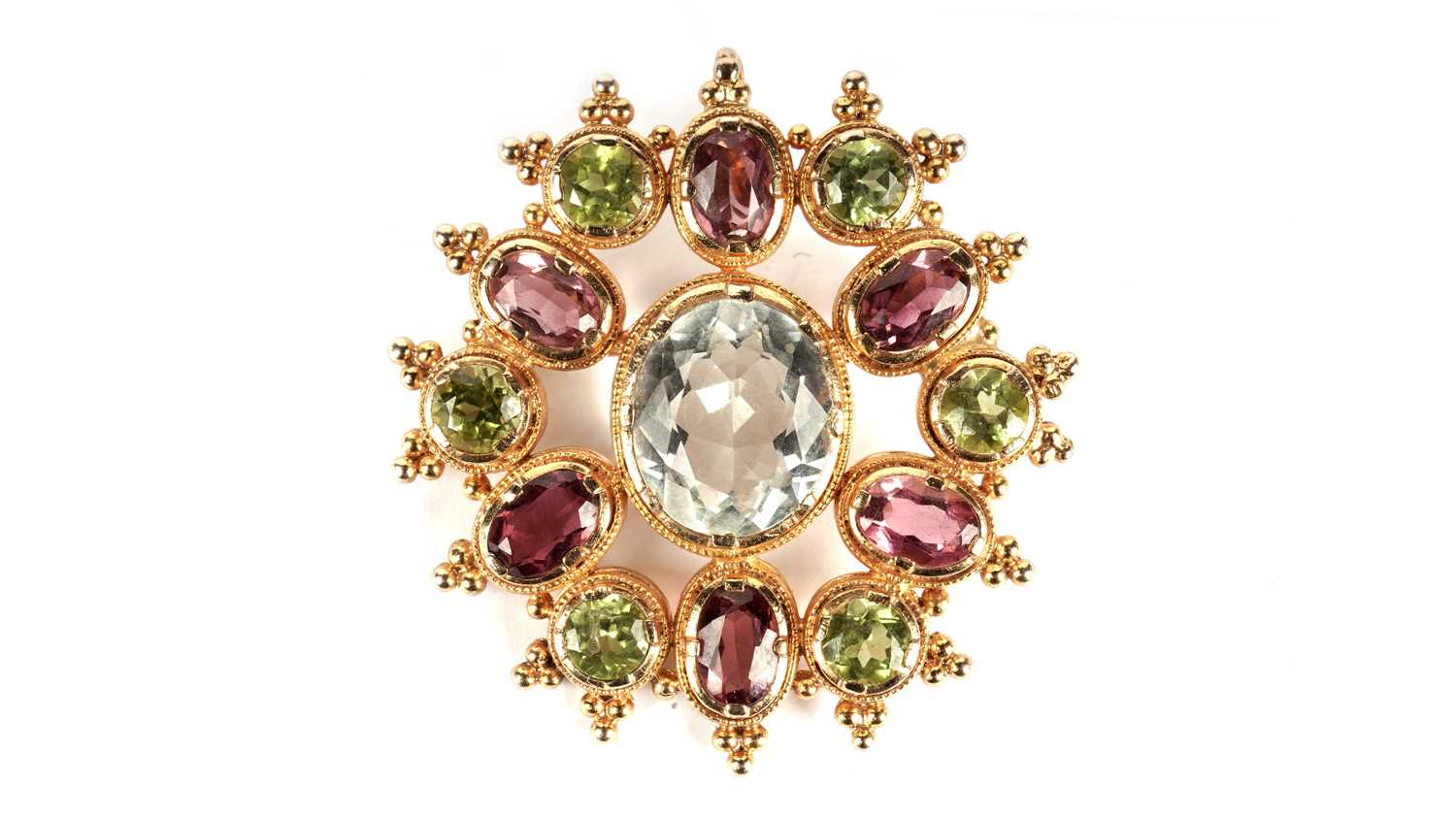 Lot 1209 - An aquamarine, peridot and pink-tourmaline brooch