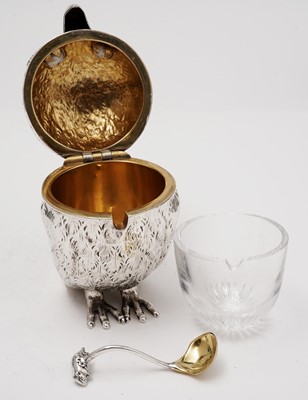 Lot 222 - A Victorian novelty mustard pot in the form of an owl with a matching spoon