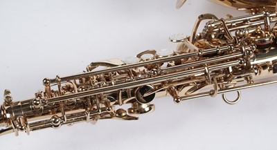 Lot 332 - A lacquered brass Soprano saxophone engraved FF