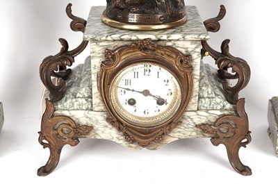 Lot 128 - A figural mantle clock, and bronzed figurines