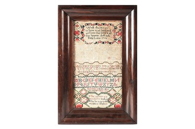 Lot 946 - An 18th Century needlework sampler, worked by Kitty Lister in 1758