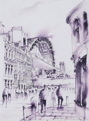 Lot 802 - Roy Francis Kirton - Tyne Bridge and Dog Leap Stairs | pen and ink with watercolour