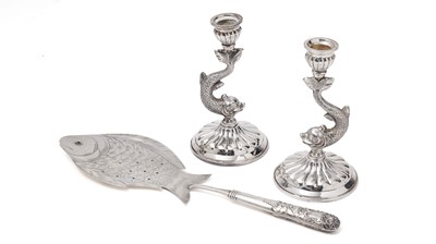Lot 235 - A pair of candlesticks, and a fish slice