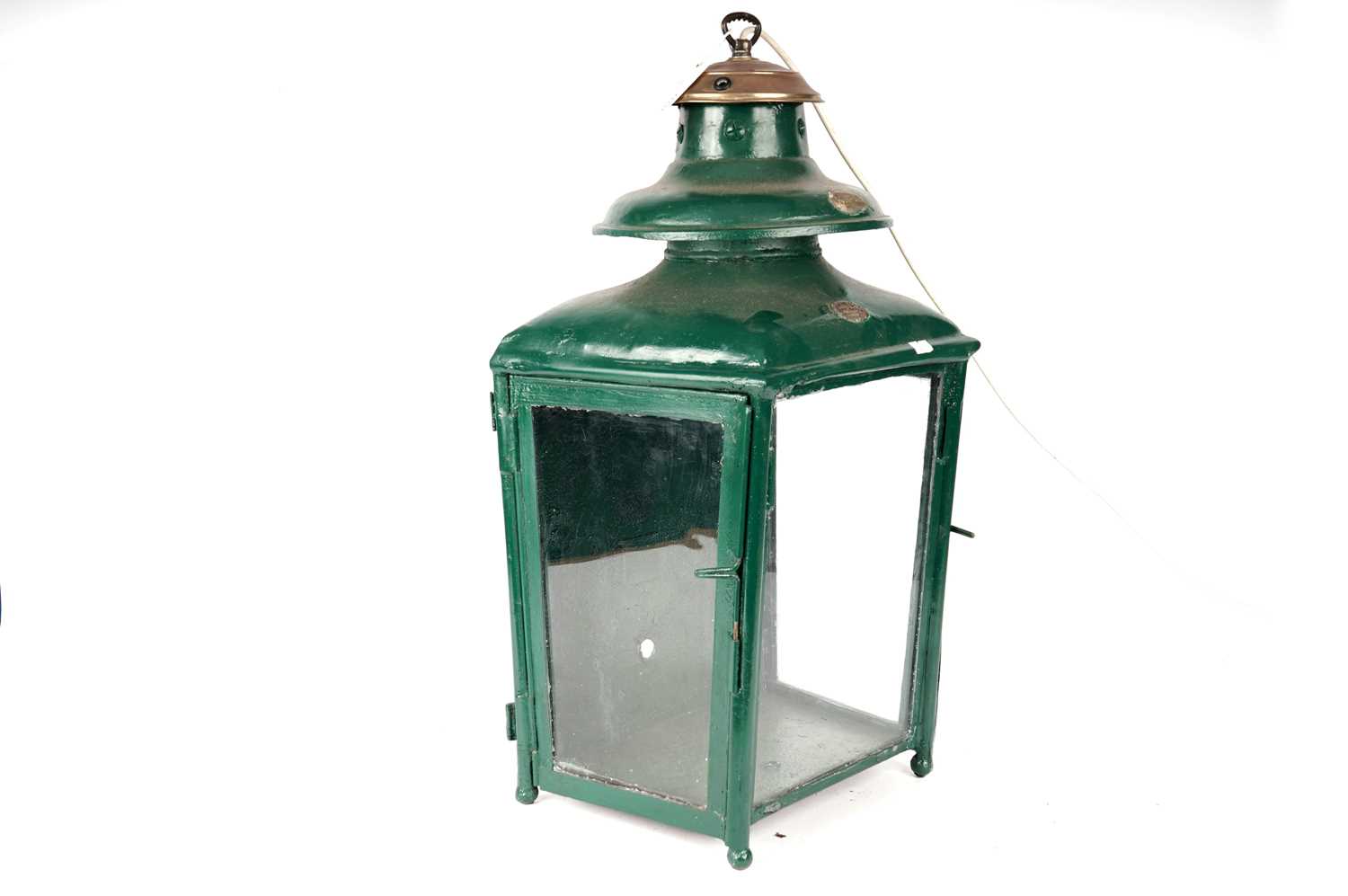 Lot 53 - A vintage green painted brass gas lantern