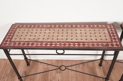 Lot 58 - A pair of modern console/side tables, with Moroccan style mosaic tiled tops.
