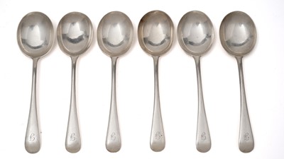 Lot 391 - A set of six George V soup spoons