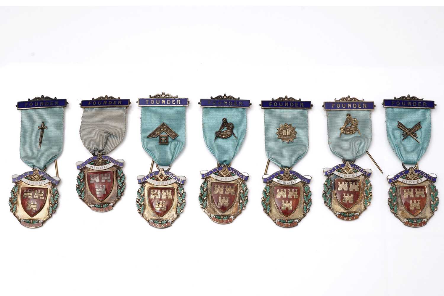 Lot 769 - Seven silver-gilt and enamel Masonic Founder medals for Newcastle City Lodge