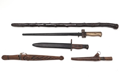 Lot 863 - A 20th Century carbine bayonet; French Lebel bayonet; 19th Century small sword stick; and others
