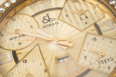 Lot 582 - Jacob & Co, New York, Five Time Zones: an 18ct yellow gold cased quartz wristwatch