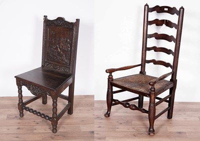 Lot 64 - A Victorian oak hall chair; and a ladderback armchair
