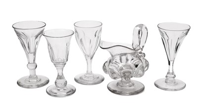 Lot 845 - Melon-fluted cream jug and four liqueur glasses