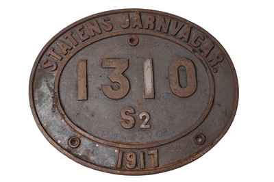 Lot 813 - A Swedish state railway (Statens Jarnvagar) locomotive plate 1310