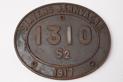 Lot 813 - A Swedish state railway (Statens Jarnvagar) locomotive plate 1310
