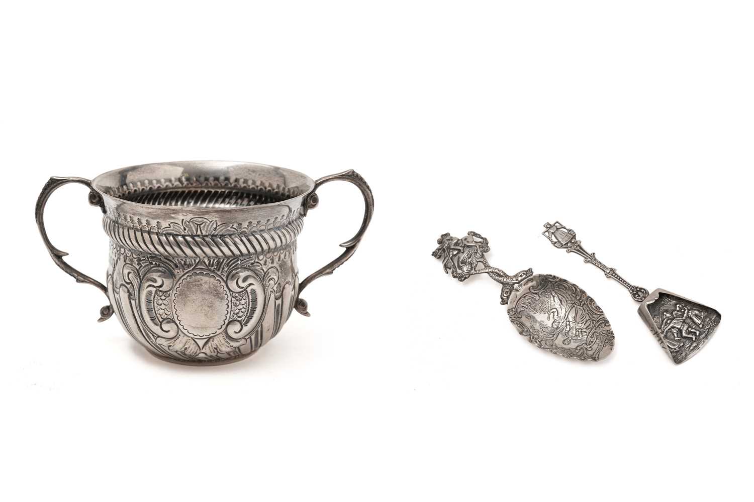 Lot 488 - A silver porringer, by Charles Stewart Harris and Dutch silver