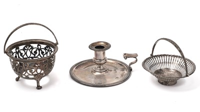 Lot 362 - A swing basket, a chamberstick and a bon bon basket