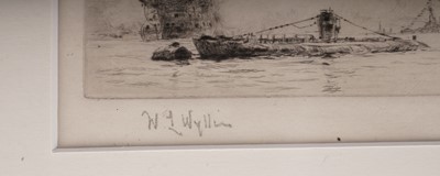 Lot 540 - William Lionel Wyllie - 'HMS Victory, A Submarine and a War Ship in Portsmouth Harbour' | drypoint