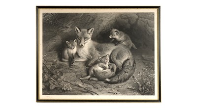 Lot 6 - William Turner Davey - A Vixen Fox and Her Cubs | stipple engraving