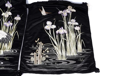 Lot 907 - Meiji Japanese silk embroidery panels; and Qing Chinese silk embroidered sleeve bands and shawl