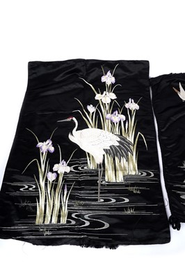 Lot 907 - Meiji Japanese silk embroidery panels; and Qing Chinese silk embroidered sleeve bands and shawl