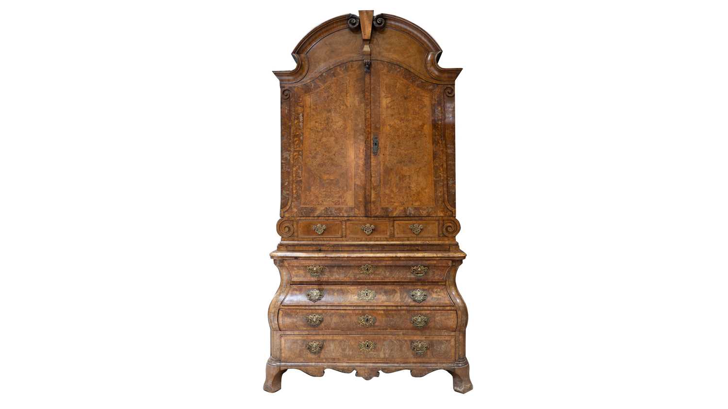 Lot 959 - A Dutch burr walnut bombe cabinet on chest, late 18th/early 19th Century