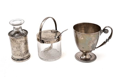 Lot 479 - A silver christening cup, preserve jar and scent bottle