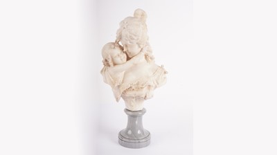 Lot 690 - Studio of Adolfo Cipriani: A carved alabaster bust of a mother and child