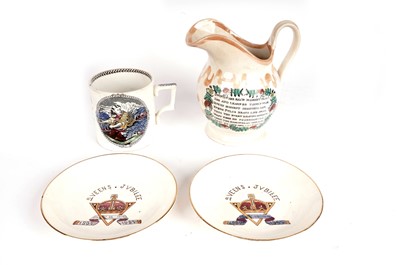Lot 820A - Grace Darling mug, Sunderland jug and two 1887 jubilee saucers