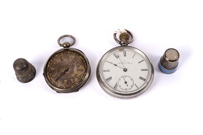 Lot 420 - Two silver pocket watches; and two thimbles