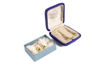 Lot 453 - A pair of peridot, seed pearl and yellow gold drop earrings; and other peridot earrings