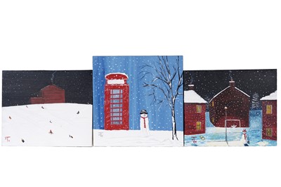 Lot 835 - Tony Huggins-Haig - Sledging Day; three views of winter fun | acrylic on box canvas