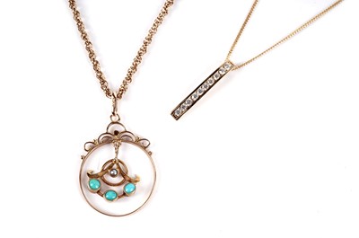 Lot 510 - A turquoise and seed pearl pendant on chain; and another