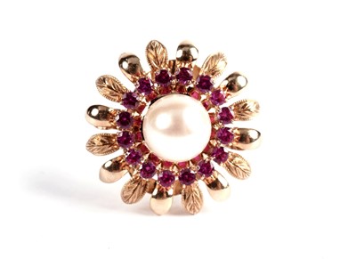 Lot 529 - A pink sapphire and cultured pearl flower cluster dress ring