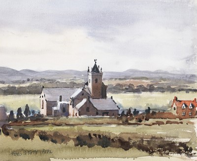 Lot 825 - Fred Stott - Chirnside Church & The Cheviots | watercolour