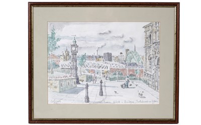 Lot 795 - Charles Herbert "Charlie" Rogers - Town Clock and Bridges, Gateshead | watercolour