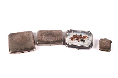 Lot 602 - Two silver cigarette cases; an enamelled cigarette case; and a vesta case