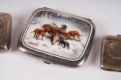 Lot 602 - Two silver cigarette cases; an enamelled cigarette case; and a vesta case