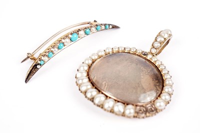 Lot 551 - A Victorian turquoise and seed pearl crescent brooch; and a locket
