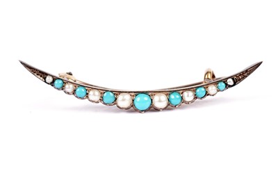 Lot 551 - A Victorian turquoise and seed pearl crescent brooch; and a locket