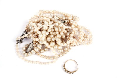 Lot 503 - A Victorian pearl half hoop dress ring; and necklaces