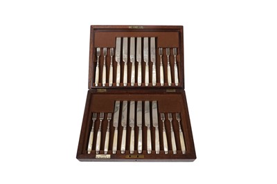 Lot 1619 - A George III cased set of twelve pairs of mother-of-pearl handled fruit knives and forks