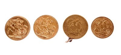 Lot 366 - Three gold sovereigns and a gold half sovereign