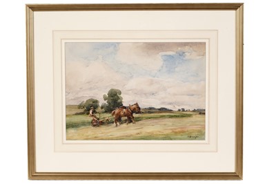 Lot 58 - John Atkinson - A farmer driving a horse rake in a field | watercolour