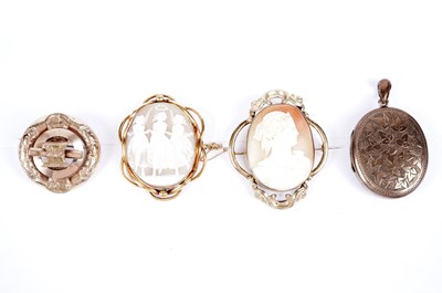 Lot 620 - Victorian and later brooches and a locket, including a carved cameo depicting the Three Graces