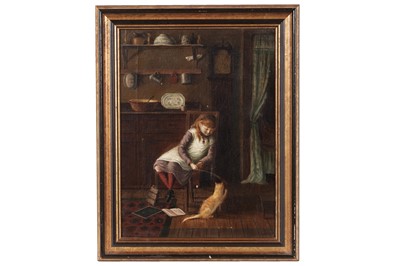 Lot 84 - 19th Century British School - Interior Scene with a Little Girl Playing with a Cat | oil on canvas