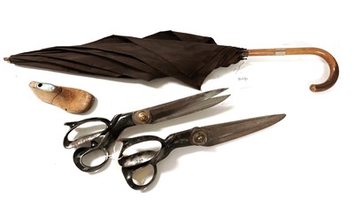 Lot 540A - A late Victorian parasol; two pairs of tailor's scissors and a cobblers last